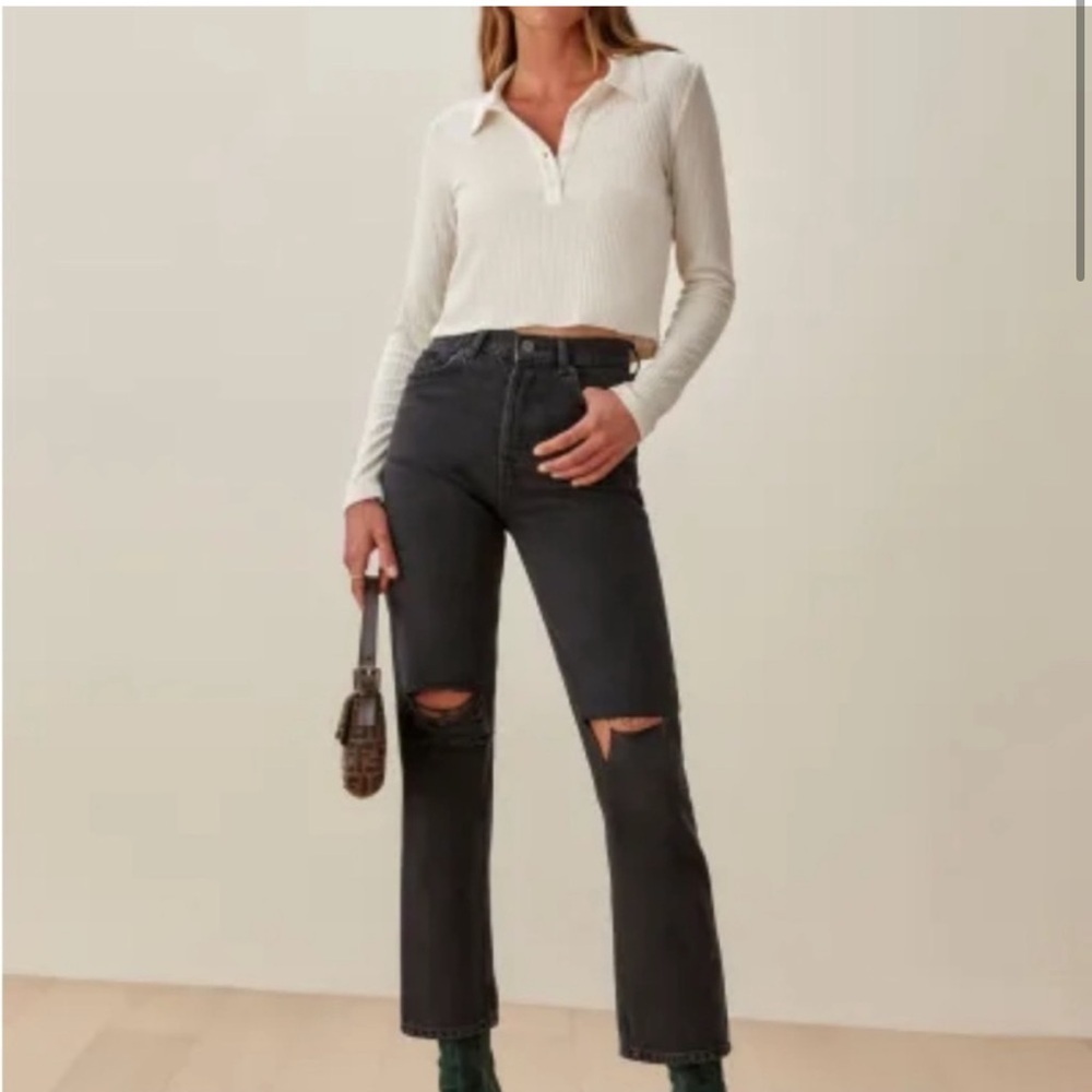Reformation Cynthia High Rise Straight Black Distressed Lagoon Jean